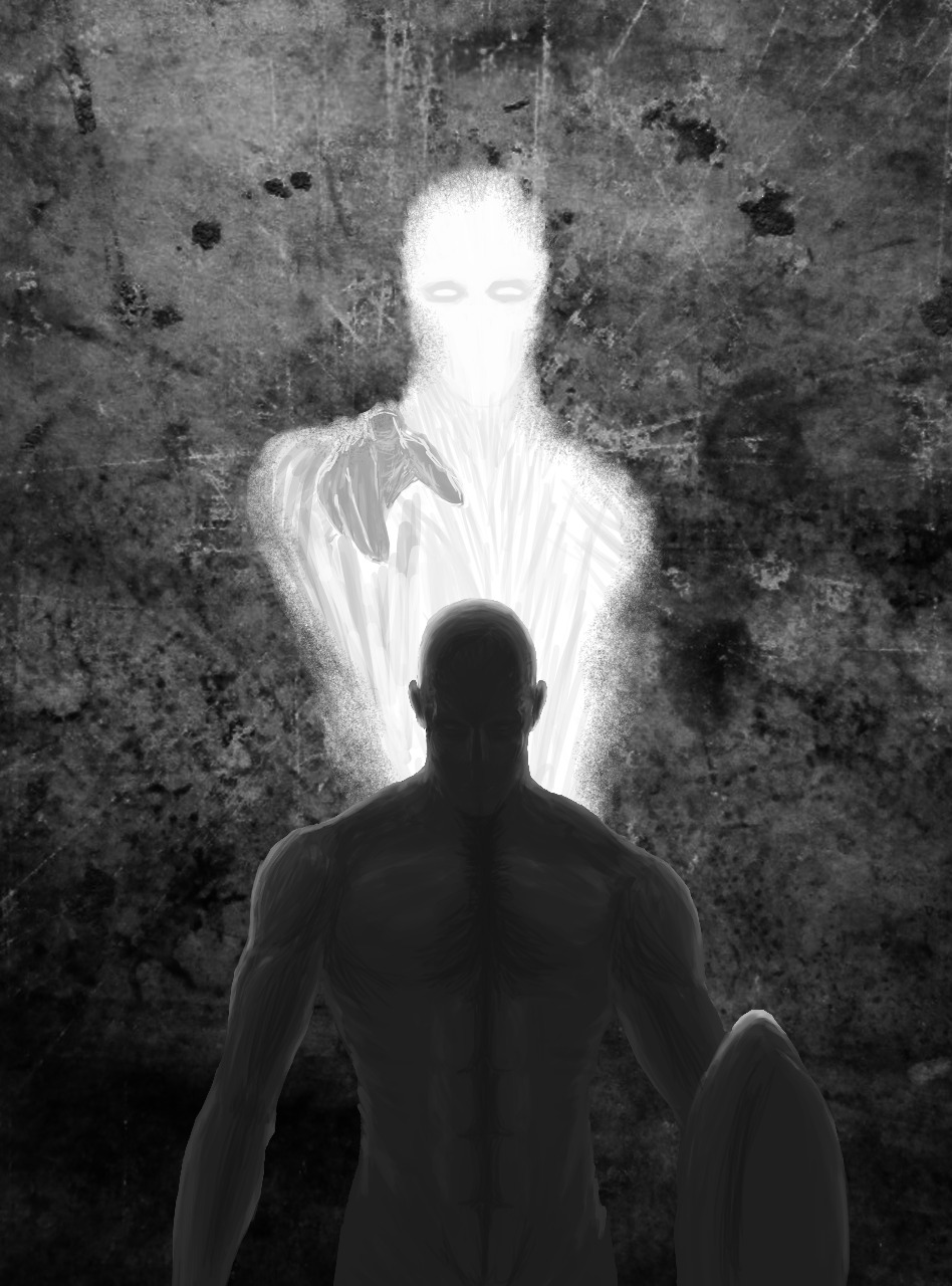 Arte conceptual: una presencia luminosa detrás del aventurero
